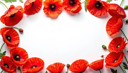 Vivid red flowers with black centers frame a bright white space
