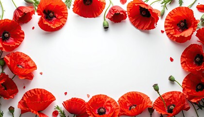 Vivid red blooms & buds adorn a white backdrop, creating a floral border