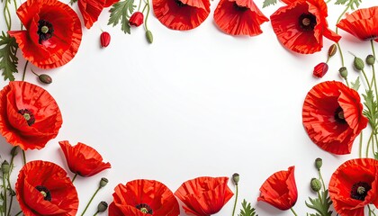 A vibrant, border of bright red blooms, buds, and green foliage frames empty space