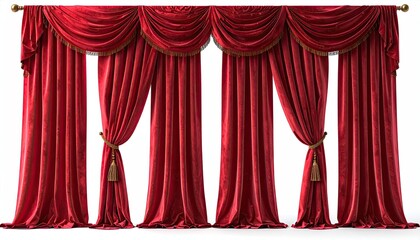 Luxurious red velvet stage curtains with elaborate swags and gold tassels
