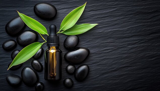 Oil dropper bottle with stones and leaves on slate