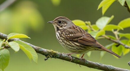 A Song Sparrow Perched on a Branch with Soft Green Foliage in the Background