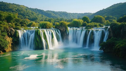 Fototapeta premium Cascading waterfall spills into turquoise river