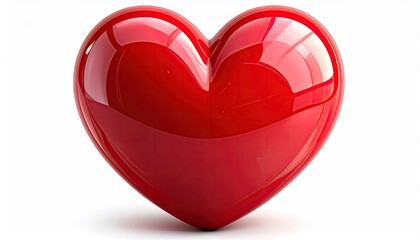 A glossy, red heart shape, with highlights, is set against a white background