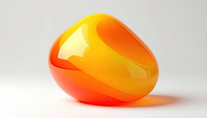 A glossy, smooth abstract glass sculpture, orange and yellow hues, against a light background
