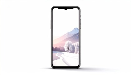 Modern smartphone, showcasing a serene winter landscape wallpaper, isolated