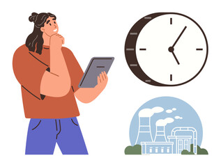 Woman holding tablet and thinking beside large clock and factory emitting smoke. Ideal for time management, productivity, decision-making, industrial operations, energy management, deadlines