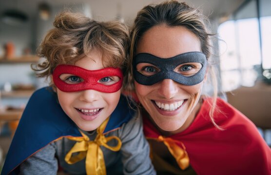 Mother and son playing superheroes wearing costumes together