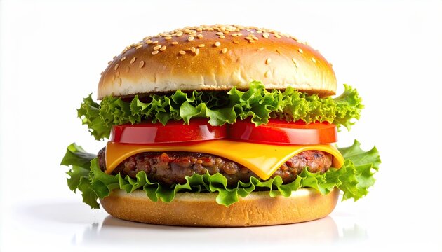 Appetizing burger with sesame seed bun, lettuce, tomato, and cheese