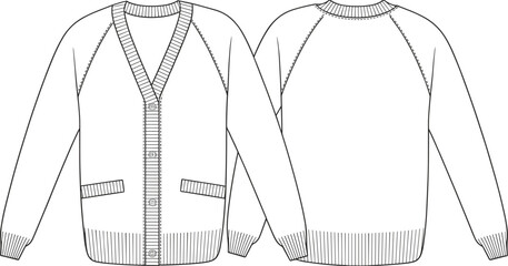 Cardigan sweater technical flat sketch, front and back view, fashion design template, raglan sleeve, vector apparel illustration, garment construction