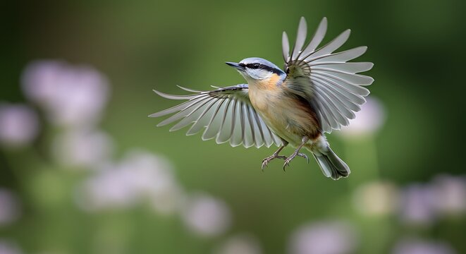 Eurasian nuthatch gracefully takes flight with wings spread wide in nature setting