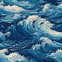 A detailed, stylized pattern of dynamic ocean waves in various shades of blue and white, with foamy crests, creating a seamless watery texture.