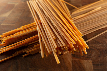 A view of a pile of dry gluten-free linguine.