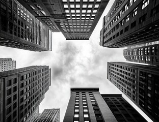 Towering buildings meet, clouds above. BW architecture