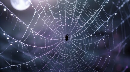 macro texture close-up of spider web silk threads with dewdrops sparkling in moonlight
