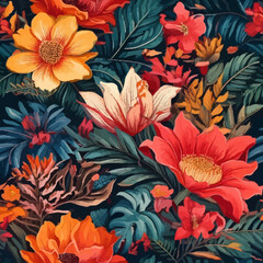 Seamless summer floral pattern with orange and yellow chrysanthemum flowers, leaves, and a nature-inspired design