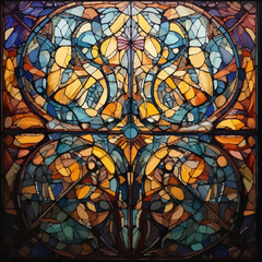 Colorful church stained glass window texture pattern with floral art and architectural detail
