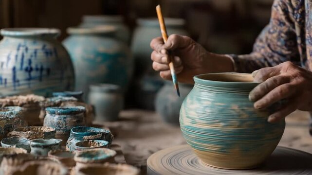 Artisan painting ceramic pottery in workshop with focus on texture