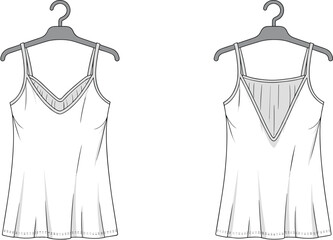 Flat vector fashion illustration, sleeveless dress front and back view, trendy camisole top, garment design, clothing template, apparel mockup