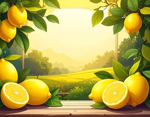 Fresh lemons frame a serene landscape