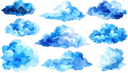 Watercolor illustrations of various fluffy blue clouds, some with starry accents