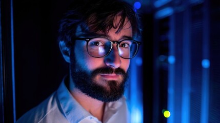 Fototapeta premium A bearded man with glasses works in a server room with blue LED lights,