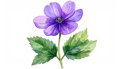 Watercolor illustration of a vibrant purple flower with green leaves, white background