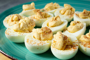 A closeup view of a plate of deviled eggs.