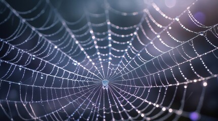 macro texture close-up of spider web silk threads with dewdrops sparkling in moonlight