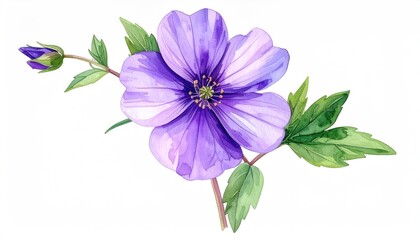 Naklejka premium Watercolor painting of a purple flower with bud, stem and green leaves on white