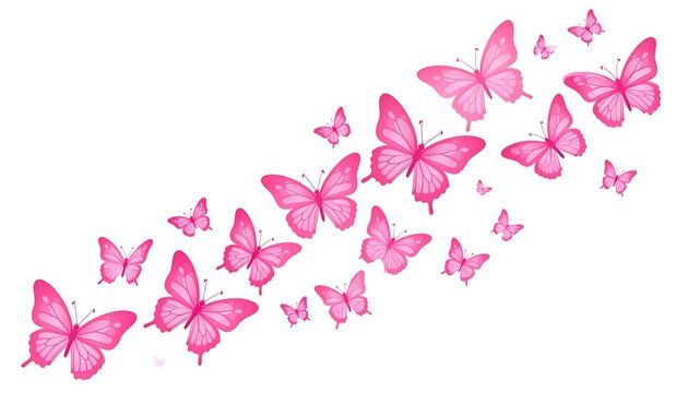 An arrangement of various-sized pink butterflies in flight, set against a white background. The butterflies gently curve upwards