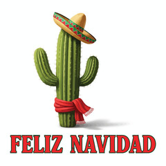 Feliz Navidad lettering spanish typography with cactus santa red hat and wearing Sombrero  Merry Christmas Vector illustration for holidays festive design.