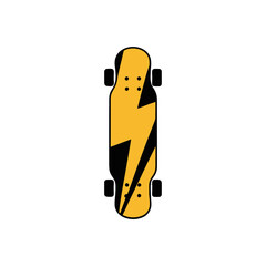 yellow skateboard with bold thunderbolt, longboard style silhouette, energetic urban icon, extreme sports identity, modern minimalist vector