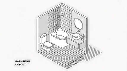 a crisp, black-and-white isometric line drawing illustrating a bathroom layout instructional,  Black and white illustration of bathroom layout, created with generative ai