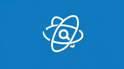 Abstract atom icon representing search and information on blue background