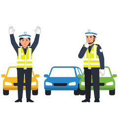 Traffic police officers on duty regulating road safety concept illustration