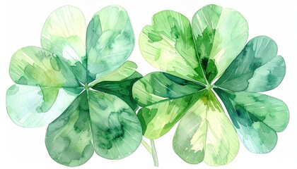 Watercolor painting of two four-leaf clovers in shades of green, on white