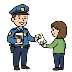 Police officer handing a flyer to a young woman