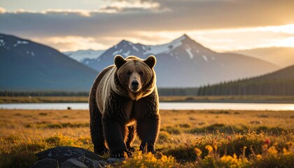 Majestic brown bear in golden meadow