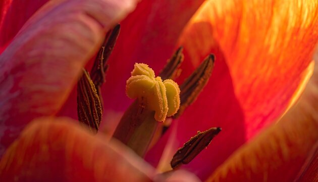 Close-up of a tulip's interior, showcasing vibrant orange and pink petals, stamens, and pistil