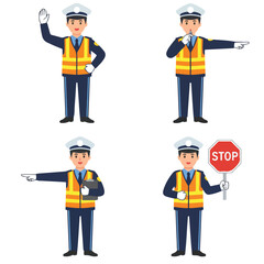 Traffic Warden Character Set with Various Poses and Signals for Road Safety