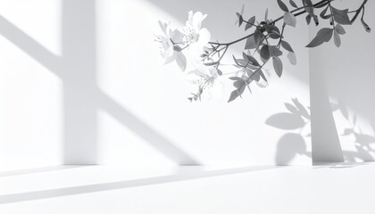 White flowers and leaves cast shadows against a clean, white backdrop