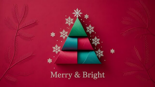 An eco-friendly, minimalist Christmas greeting card concept featuring a tree made of colorful toilet paper, set against a vibrant red background, evoking a festive day, created with generative ai