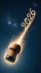 A cork bursts into the night sky, leaving a trail of sparkling light that forms the year 2026. This celebration captures the spirit of humor and optimism for the future, set against a cosmic backdrop
