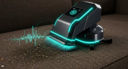 High tech robotic vacuum cleaner cleaning a carpet with blue neon lights and soundwaves display