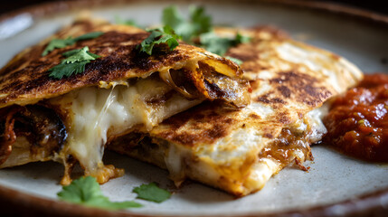 Street Style Mexican Quesadilla with Flour Tortilla, Melted Cheese and Fresh Ingredients Served on a Plate