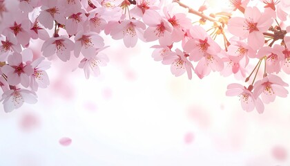 Fototapeta premium Delicate pink blossoms on branches, sunlit, with softly falling petals