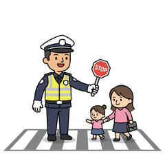 Crosswalk Assistance Police Officer Helping Mother and Child Cross