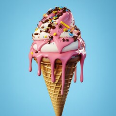 A strawberry soft serve ice cream cone with pink sauce and colorful sprinkles on a blue background, a sweet and colorful treat
