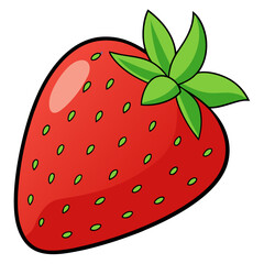 Obraz premium Vibrant red strawberry with fresh green leaves and tiny seeds, perfect for healthy eating and summer promotions